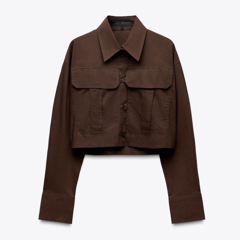 Zara Brown Crop Poplin collared button up shirt/top